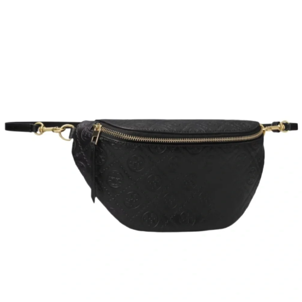 Tory Burch T Monogram Leather Belt Bag Black with gold hardware
